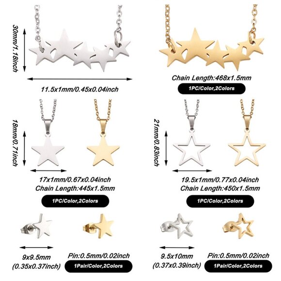 5pc Bundle Sweet Star Set 3 Necklaces + 2 Pairs Stud Earrings Gold or Siver - Picture 3 of 5